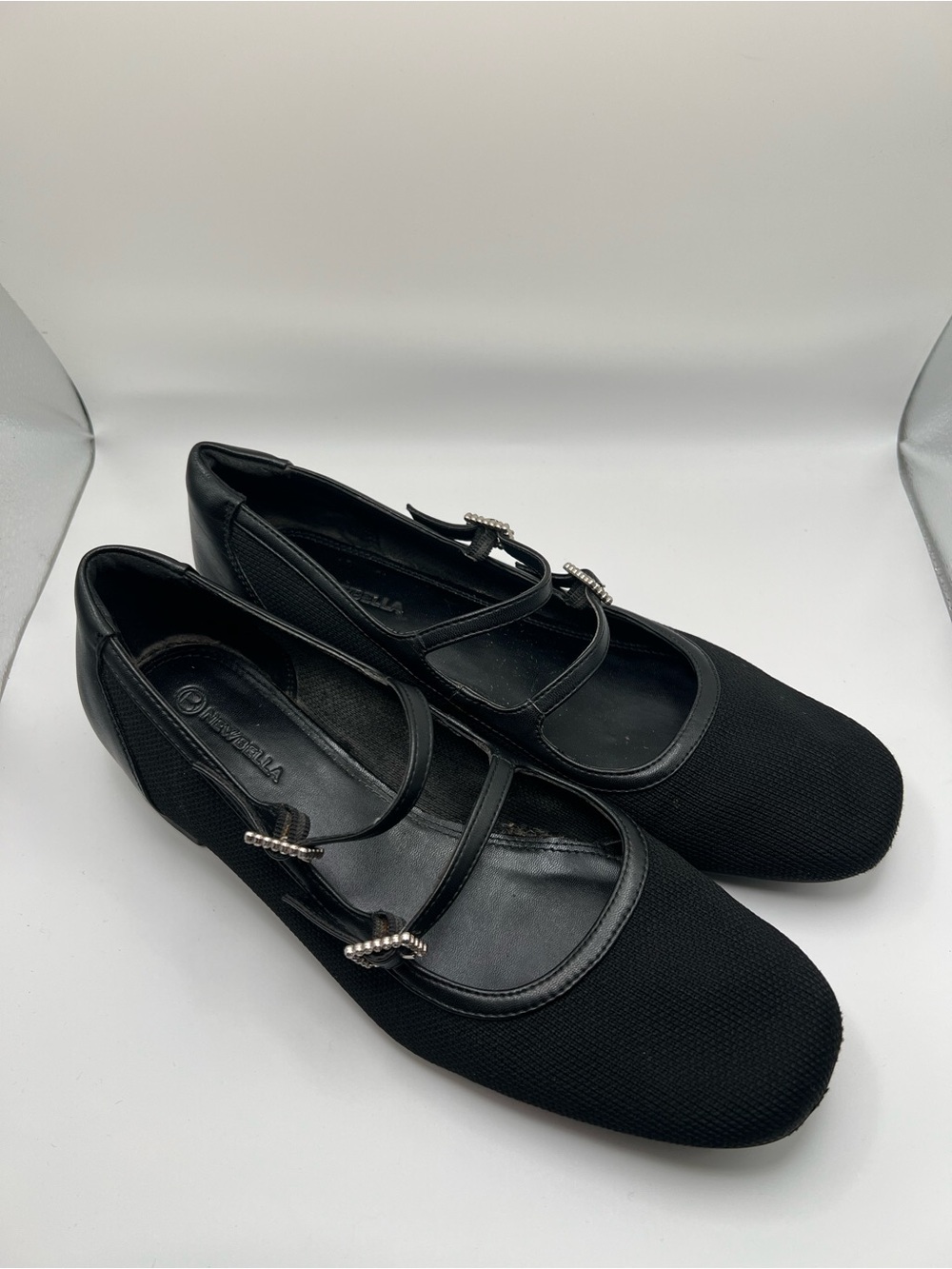 Newbella Black Knit Mary Jane Heels Rhinestone Buckle Square Toe Shoes Size 8